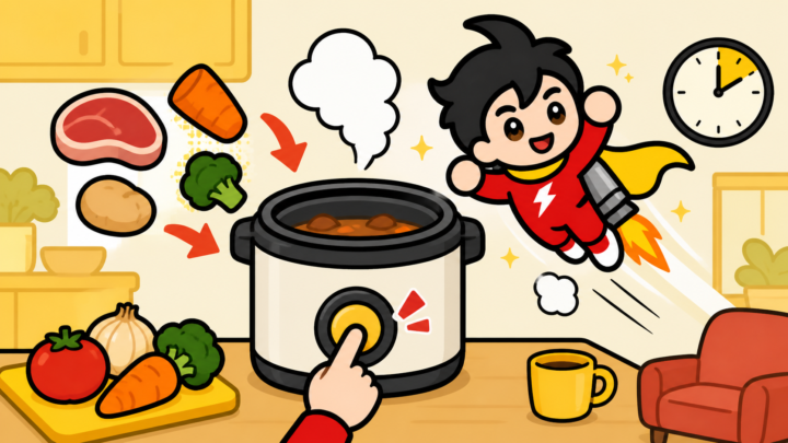 自動調理鍋に材料を入れてその場を離れるテイルJETのイラスト
