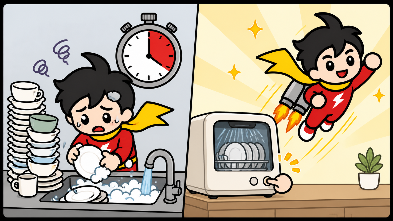 手洗いで皿を洗う場合と、食洗機に任せて自由になる場合を比べたテイルJETのイラスト
