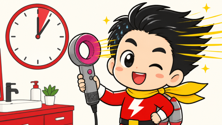 強い風のドライヤーで髪を素早く乾かすテイルJETのイラスト