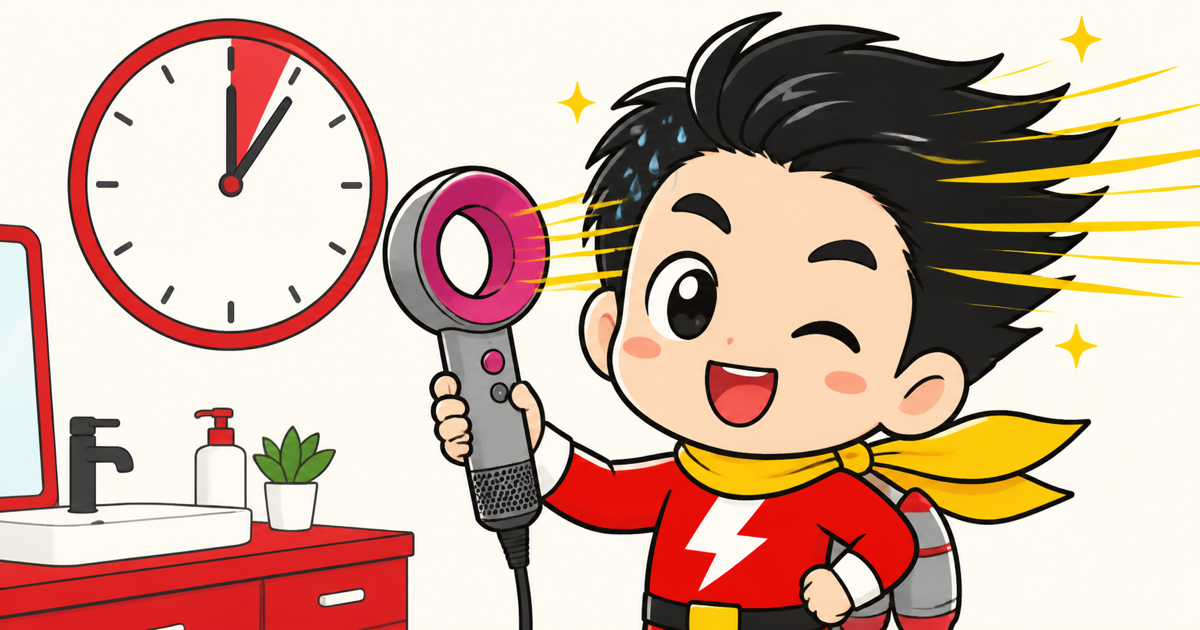 強い風のドライヤーで髪を素早く乾かすテイルJETのイラスト