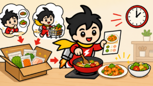 ミールキットの材料とレシピで素早く二品を作るテイルJETのイラスト