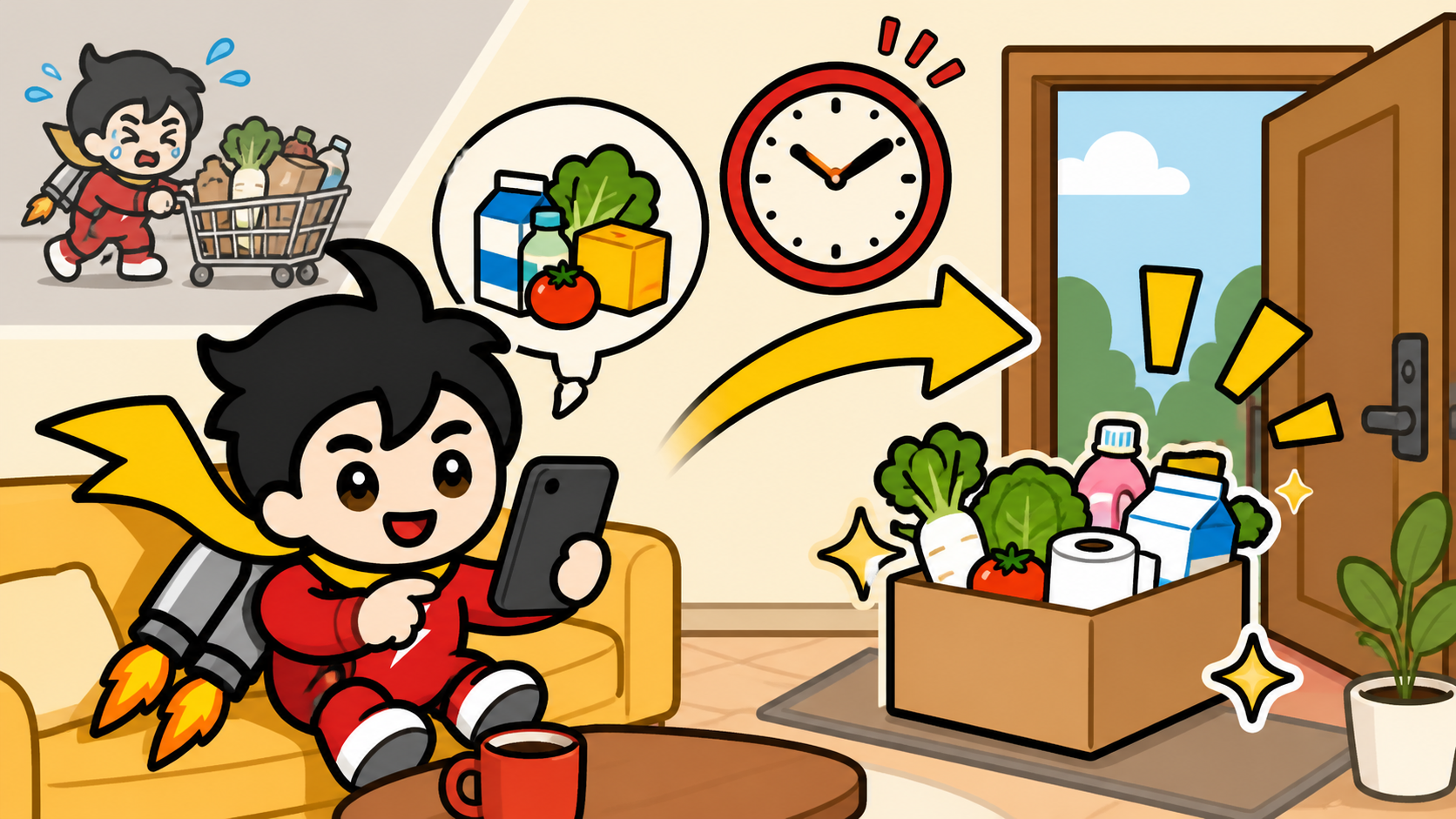 スマートフォンで注文した食料品を自宅で受け取るテイルJETのイラスト