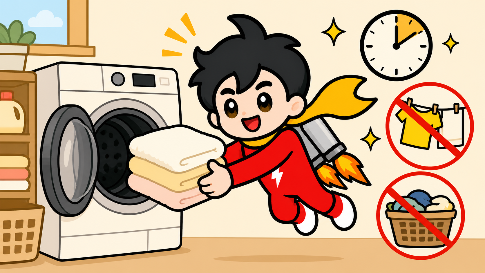 ドラム式洗濯乾燥機から乾いた衣類を取り出すテイルJETのイラスト