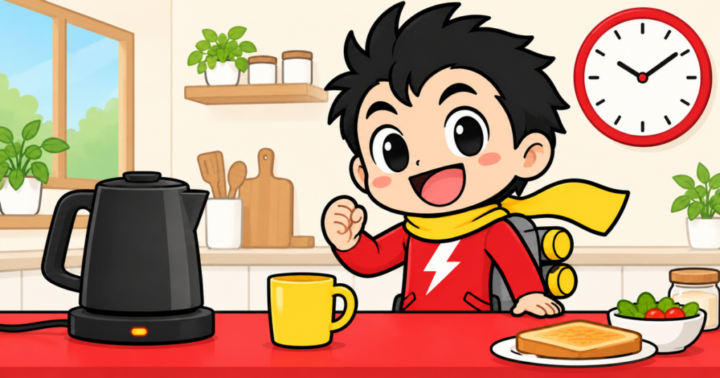 黒い電気ケトルと黄色いマグカップの横で朝食を用意するテイルくん