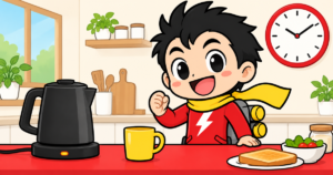 黒い電気ケトルと黄色いマグカップの横で朝食を用意するテイルくん