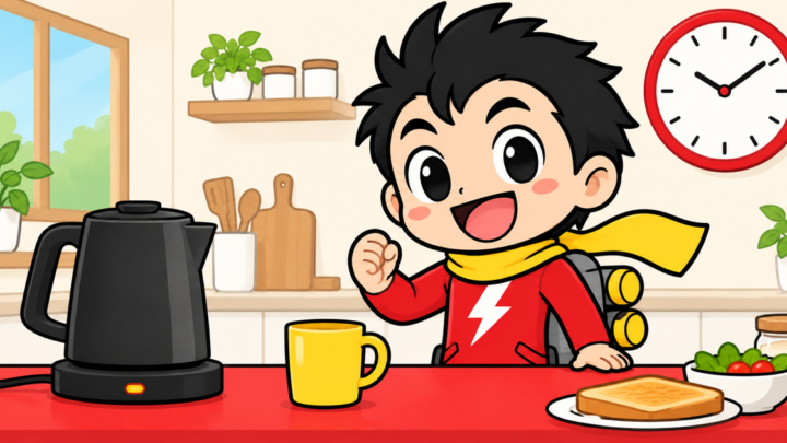 黒い電気ケトルと黄色いマグカップの横で朝食を用意するテイルくん